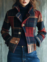 Aurohaya Women’s Short Plaid Blazer Buttoned Pockets Lapel Casual Vintage Coat